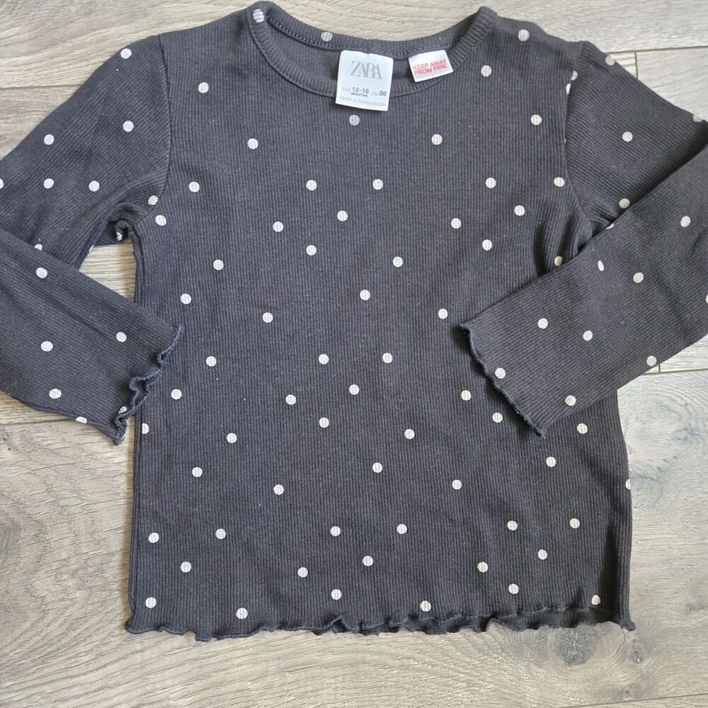 Zara Baby Girl 12-18 M 86cm Ribbed Polka Dot Lettuce Hem Top Charcoal Gray Shirt